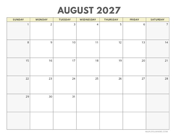 August 2027 Calendar | Sunday Start | Landscape