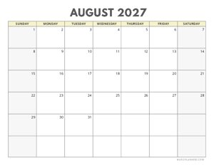 August 2027 Calendar | Sunday Start | Landscape