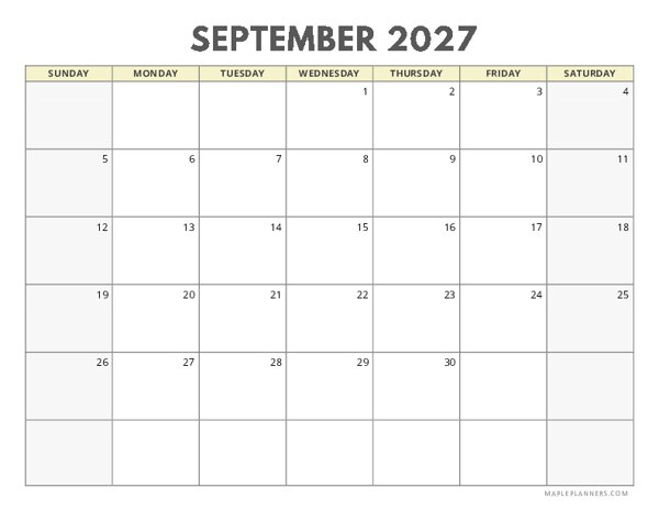 September 2027 Calendar | Sunday Start | Landscape