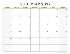 September 2027 Calendar | Sunday Start | Landscape