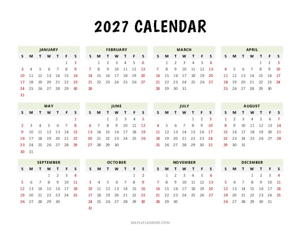 2027 Yearly Calendar (Landscape)