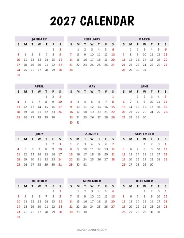 2027 Yearly Calendar (Portrait)