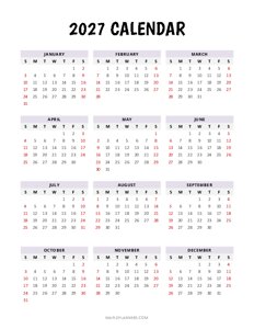 2027 Yearly Calendar (Portrait)