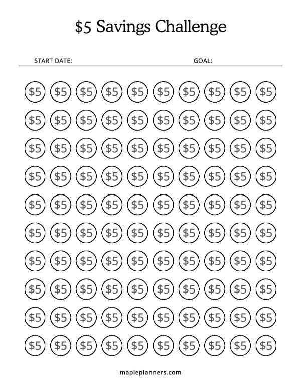$5 Savings Challenge Tracker (Save $500)
