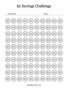 $5 Savings Challenge Tracker (Save $500)