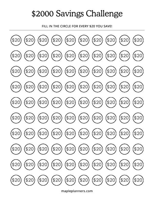 $2000 Savings Challenge Tracker