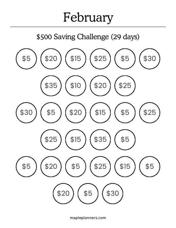 February Savings Challenge (Save $500)