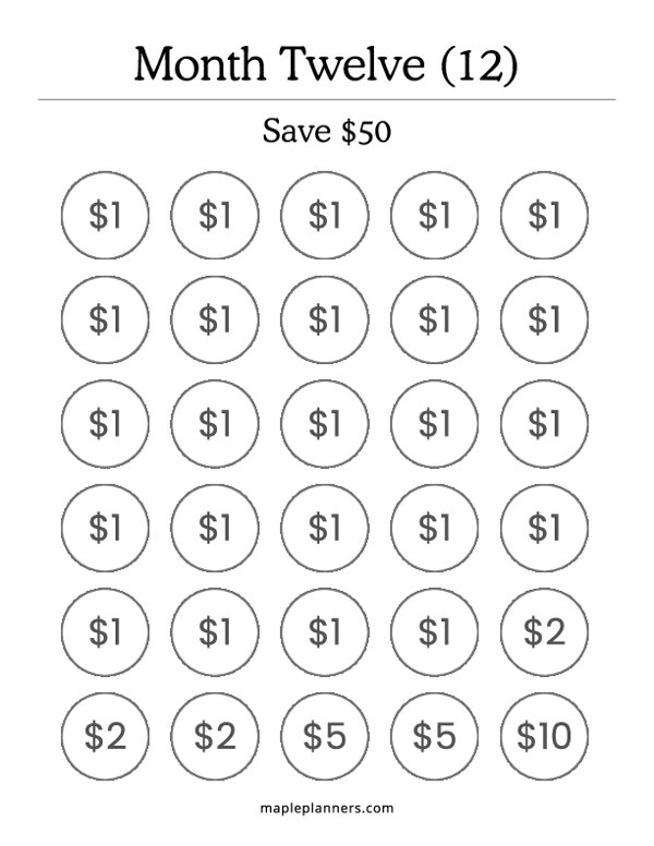 Month 12 Savings Challenge – Save $50
