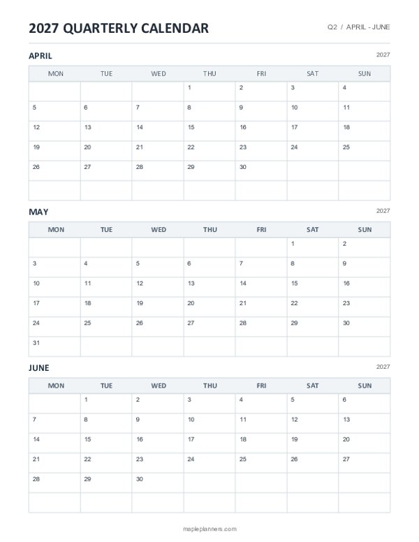 April - June 2027 Quarterly Calendar