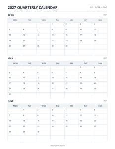 April - June 2027 Quarterly Calendar