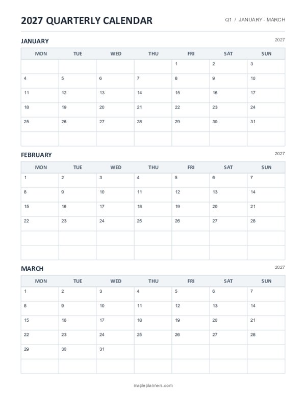 January - March 2027 Quarterly Calendar