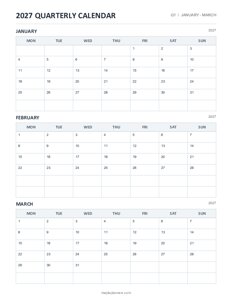 January - March 2027 Quarterly Calendar