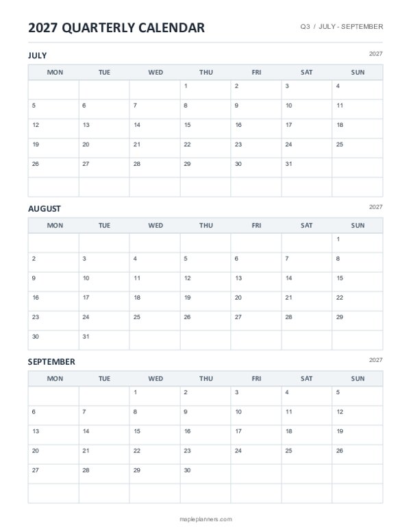 July - September 2027 Quarterly Calendar