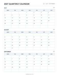 July - September 2027 Quarterly Calendar
