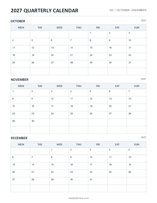 October - December 2027 Quarterly Calendar