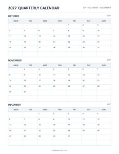 October - December 2027 Quarterly Calendar
