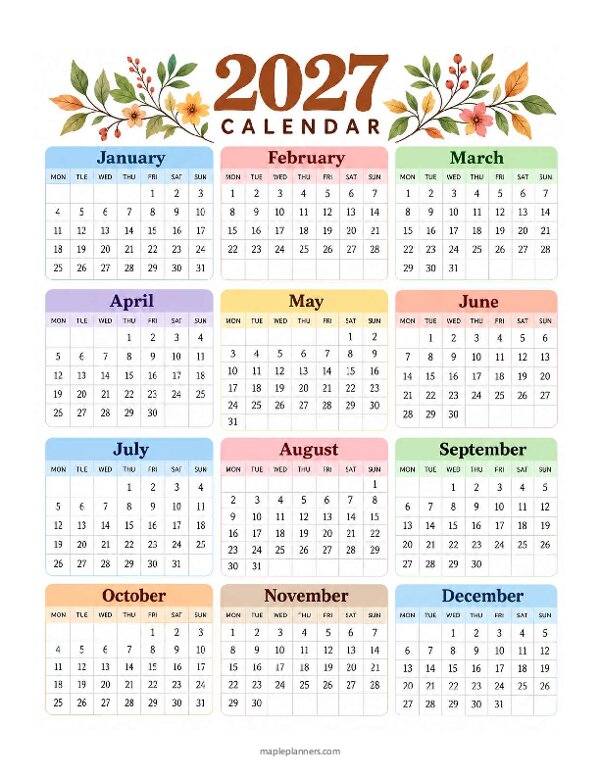 2027 Year Calendar - Monday Start
