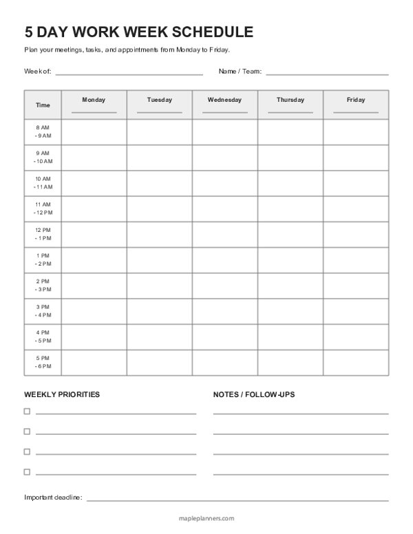 5 Day Work Week Schedule