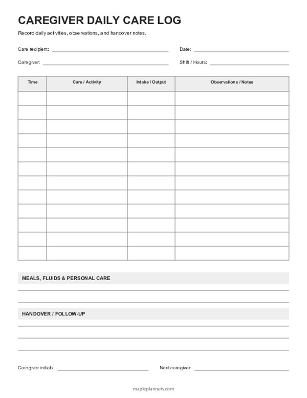 Caregiver Daily Care Log