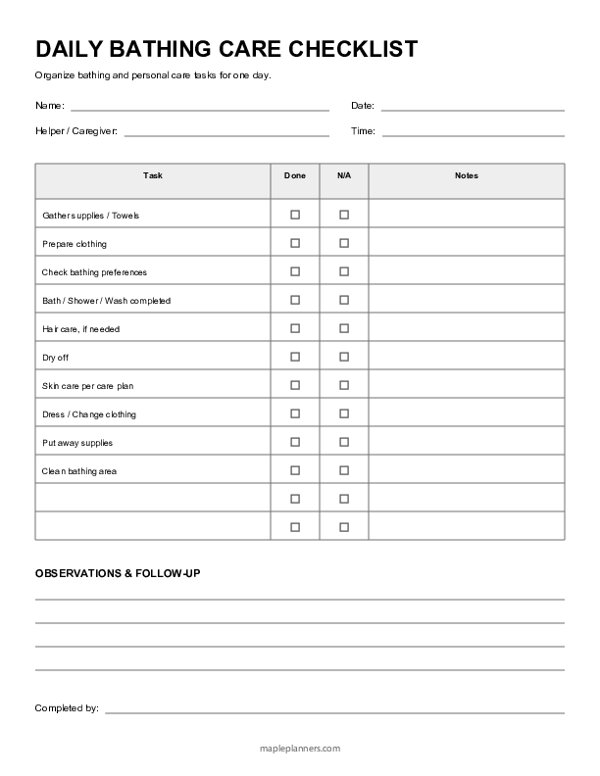 Daily Bathing Care Checklist