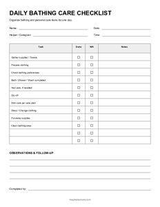 Daily Bathing Care Checklist