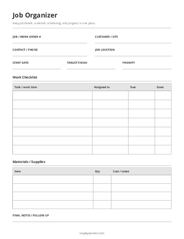 Job Organizer Template