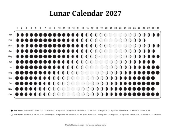 Lunar Calendar 2027 - Moon Phases
