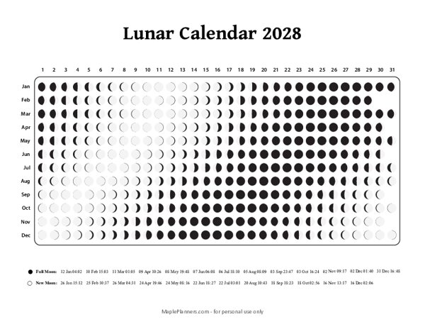 Lunar Calendar 2028 - Moon Phases
