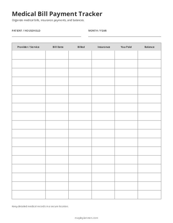 Free Printable Medical Bill Payment Tracker Template