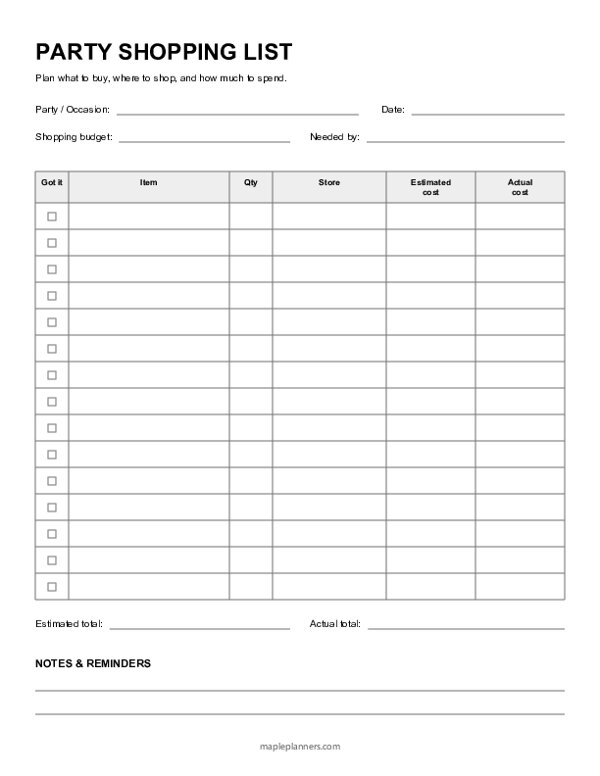 Party Shopping List