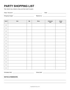 Party Shopping List