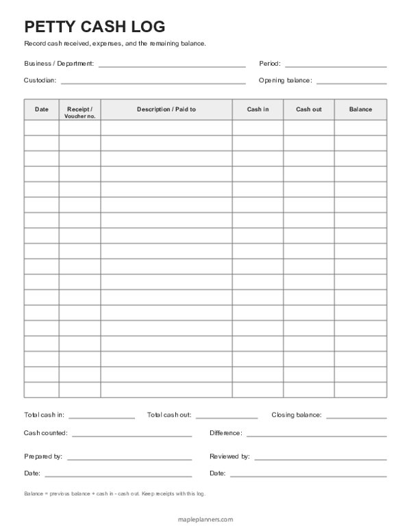 Petty Cash Log Template