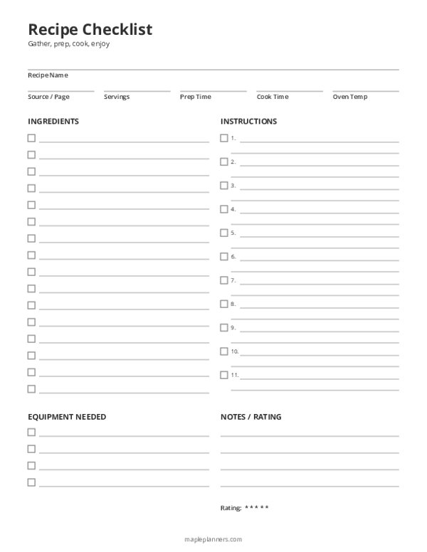 Recipe Checklist Printable