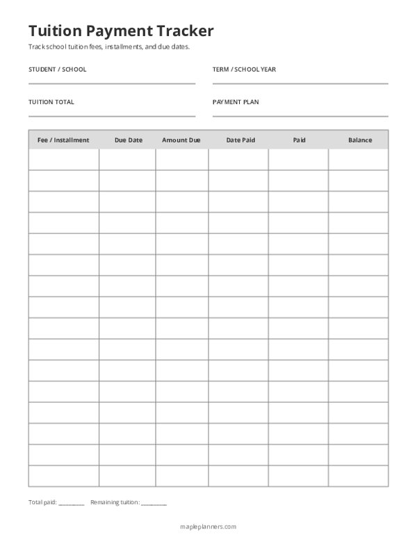 Free Printable Tuition Payment Tracker Template