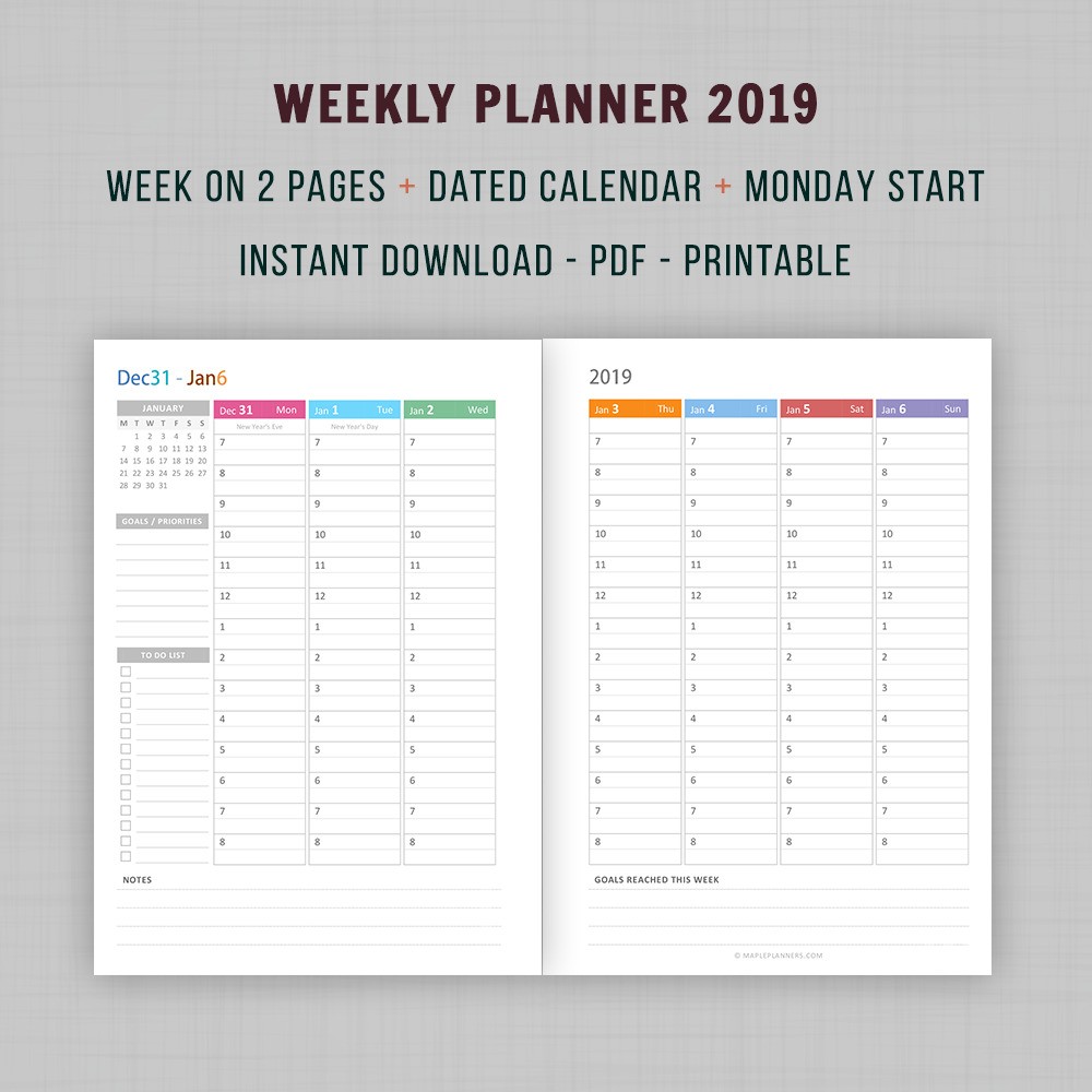Weekly Planner 2019 Inserts, Refills, Planner Printable - Maple Planners