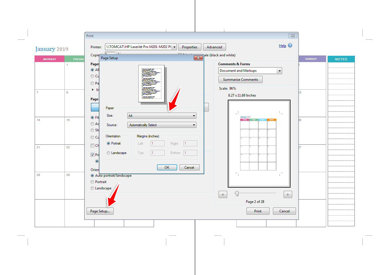 Change the paper size using page setup