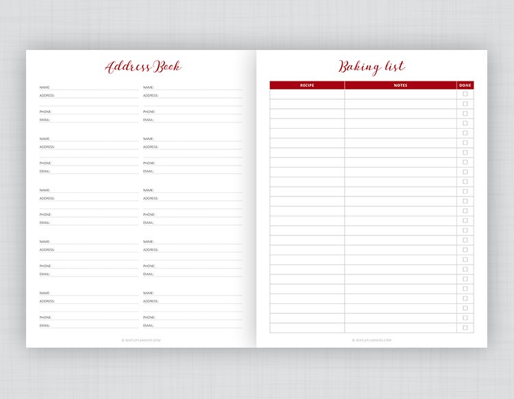 Christmas Address Book and Baking List Printable