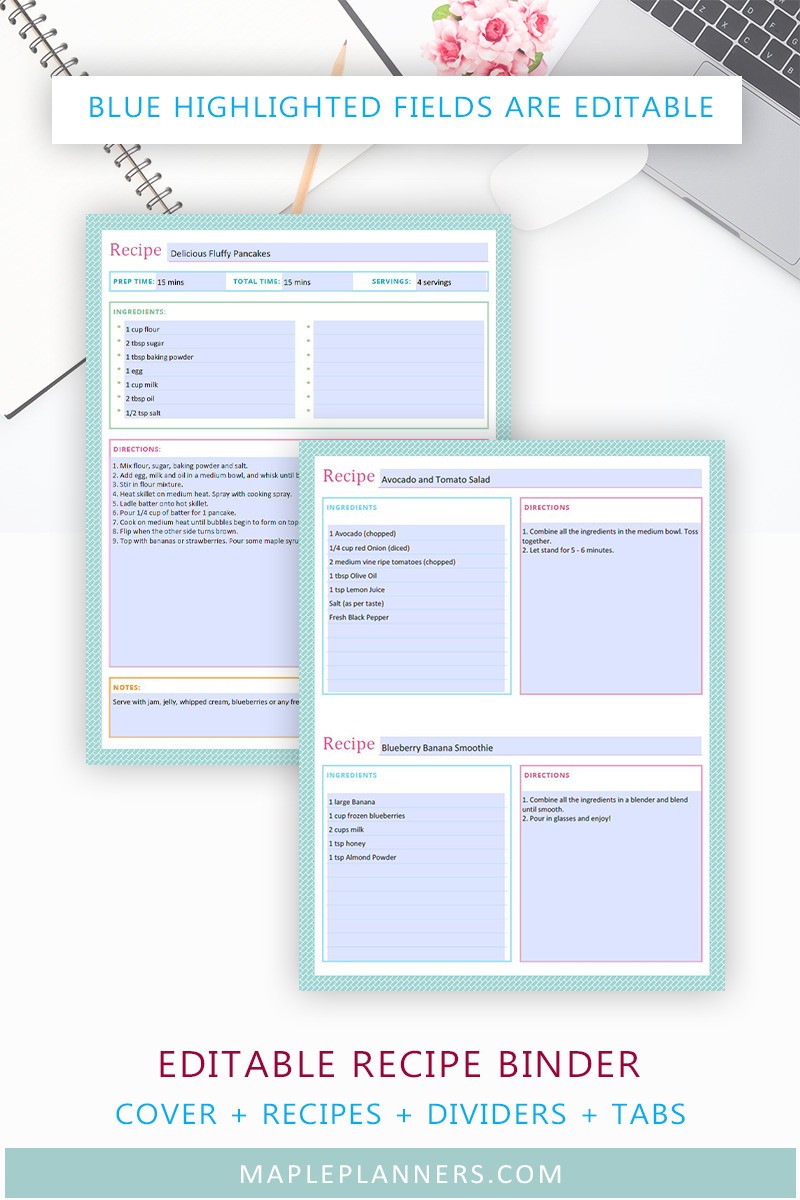 Editable Recipe Book; Printable Planner