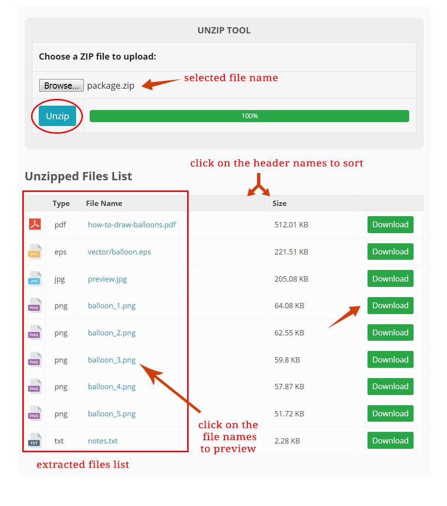 Online unzip tool