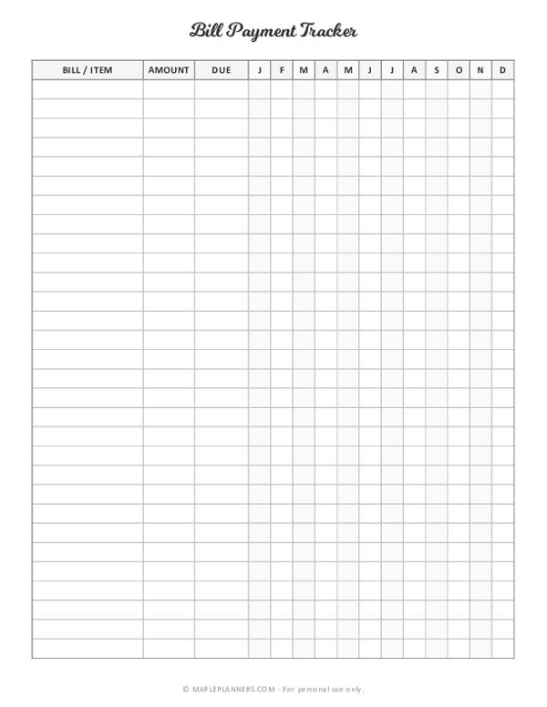 Free Printable Monthly Bill Tracker