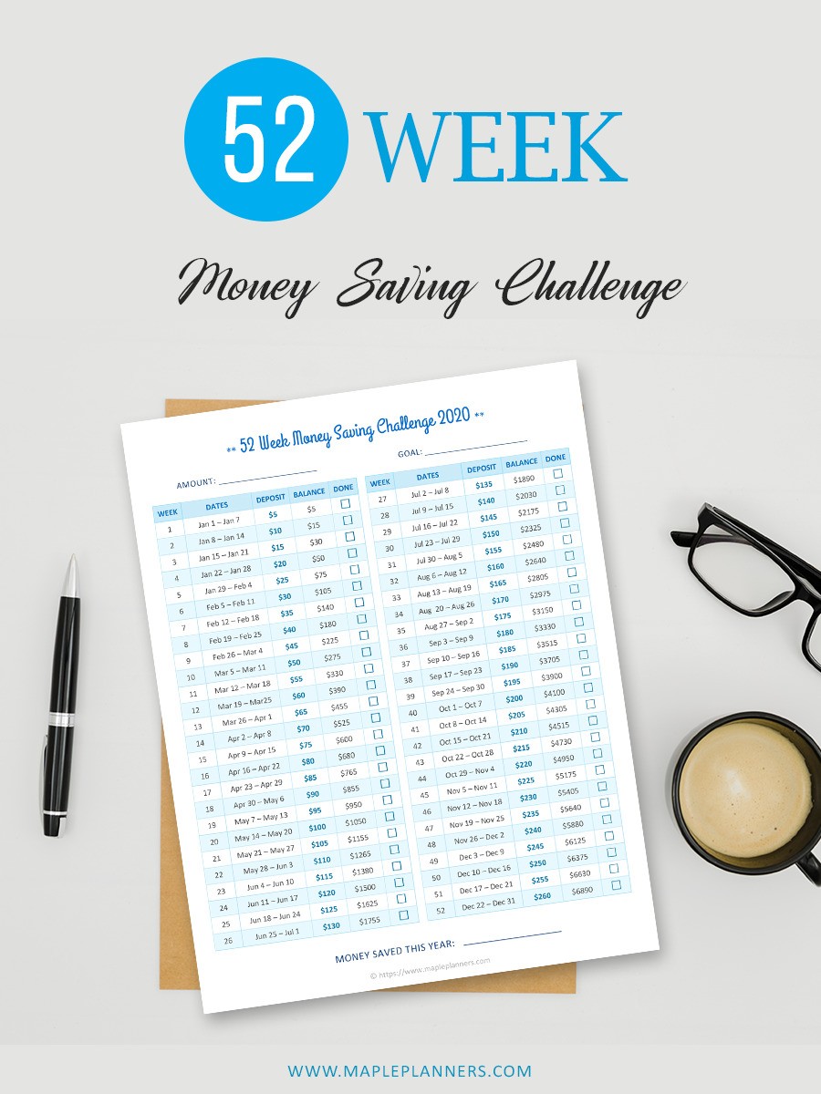 $5 increments for 52 Week Money Challenge 2020