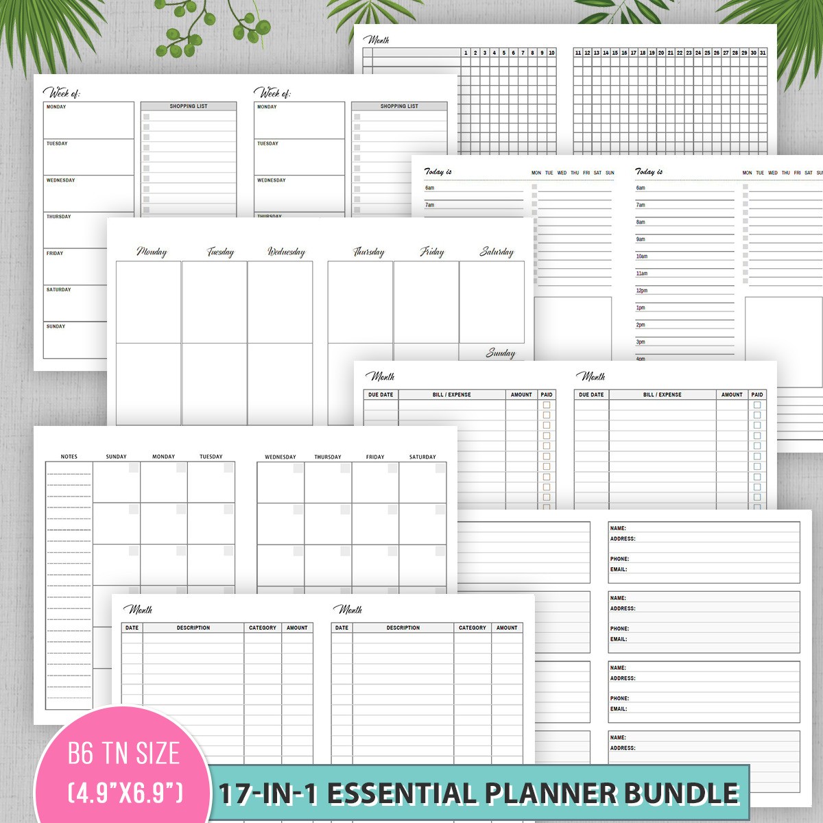 B6 TN Inserts Planner Printable Bundle