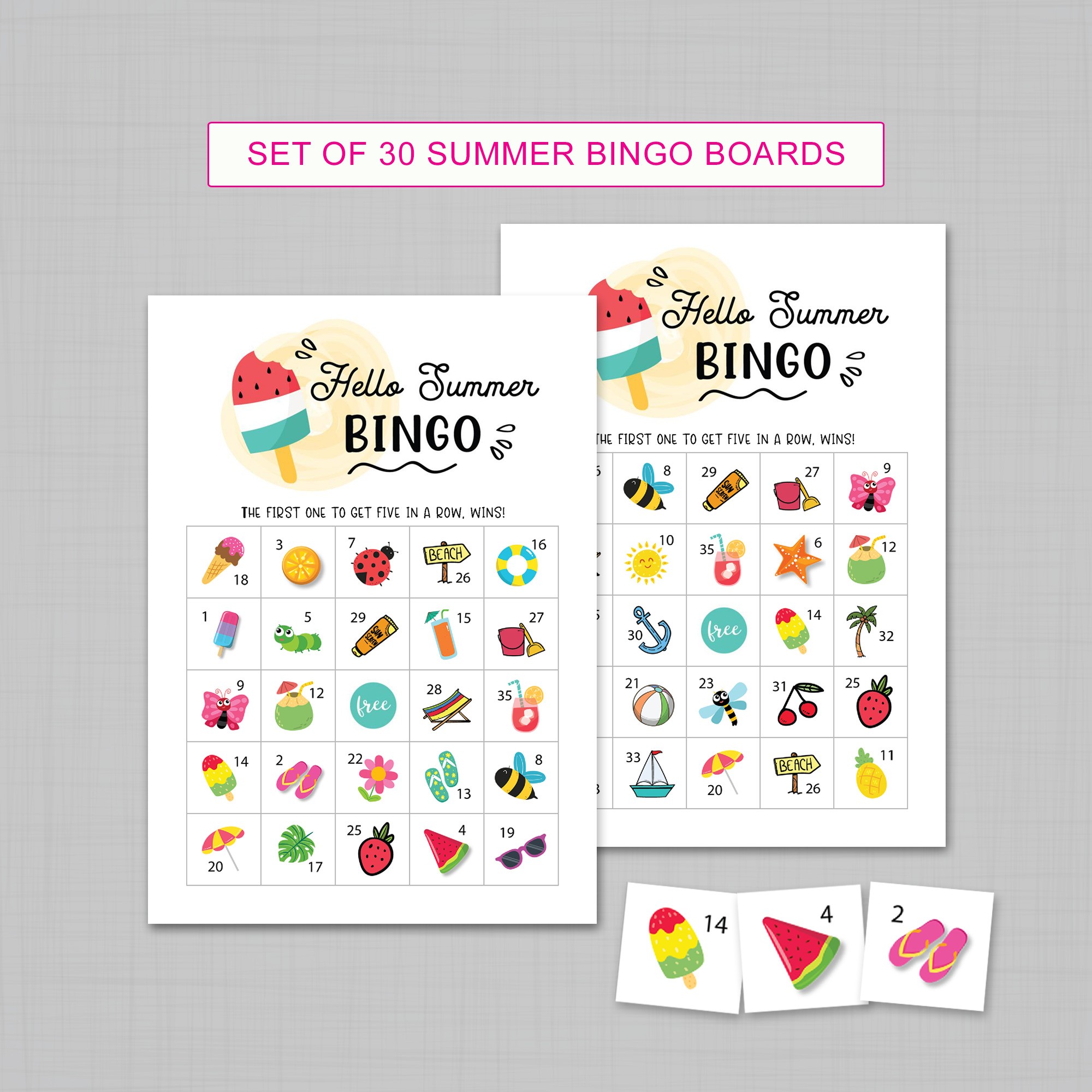 set of 30 summer bingo boards