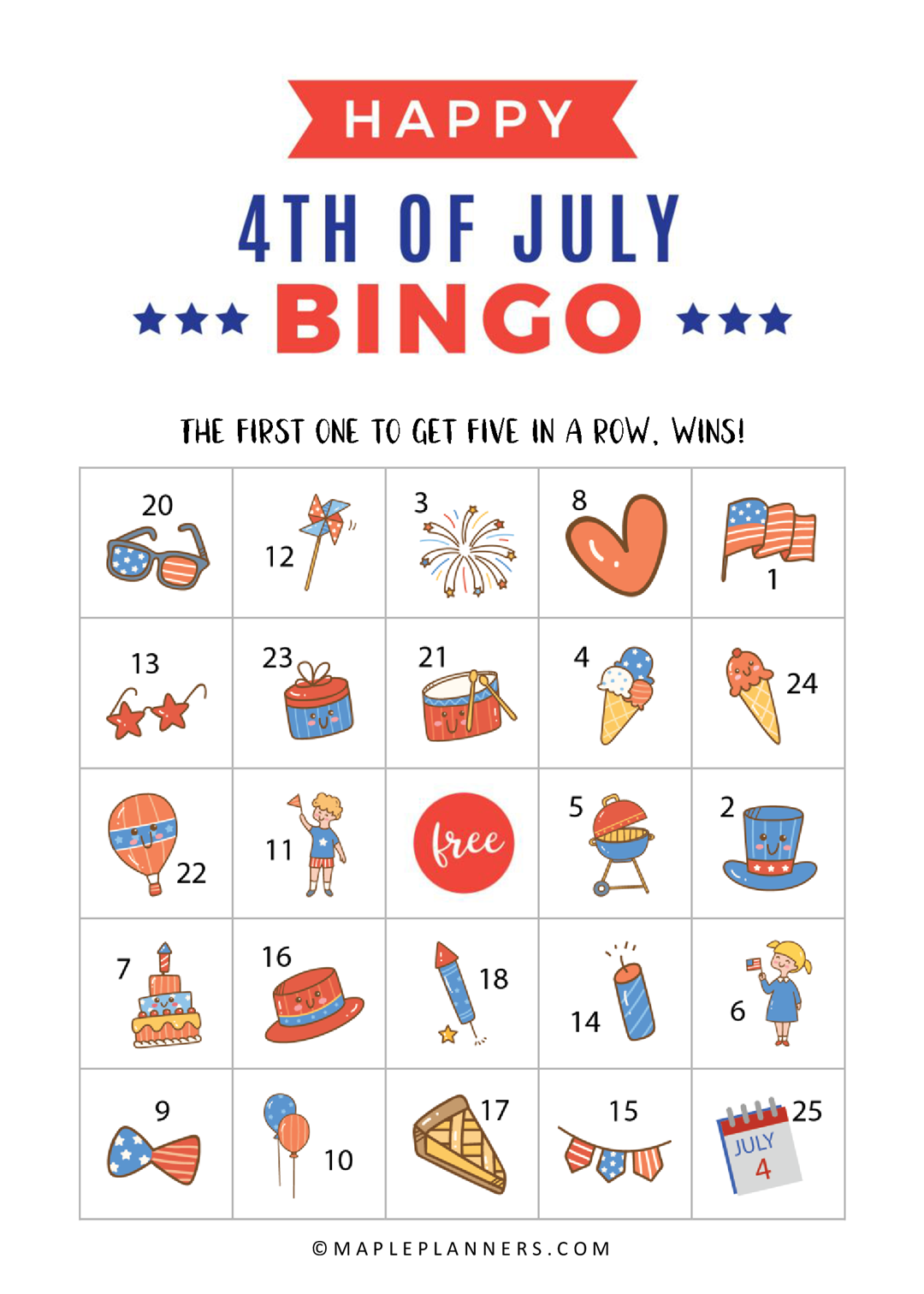 4th of July Bingo game is perfect for summer picnic, an entertainment party or just to keep kids busy while they are impatiently waiting for fireworks to start.