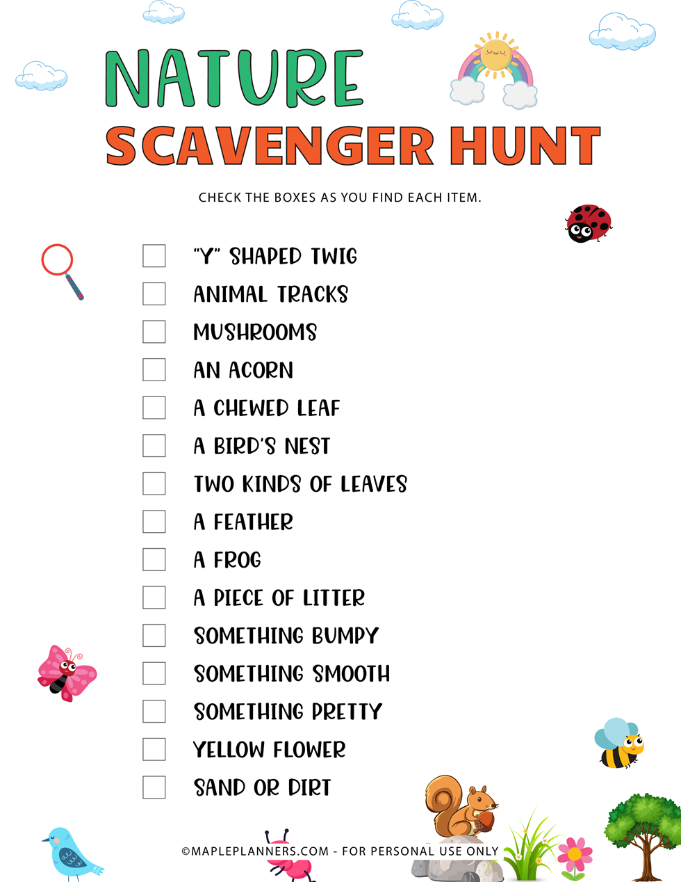 Nature Scavenger Hunt for Kids Free Printable