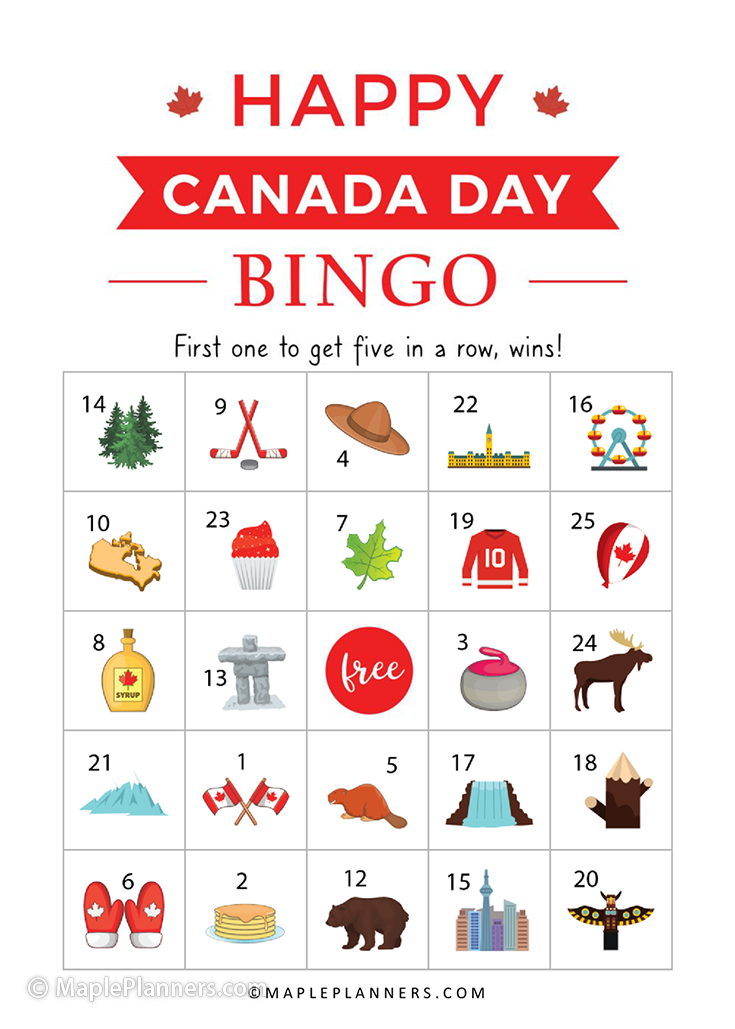 Happy Canada Day Bingo Game Printable