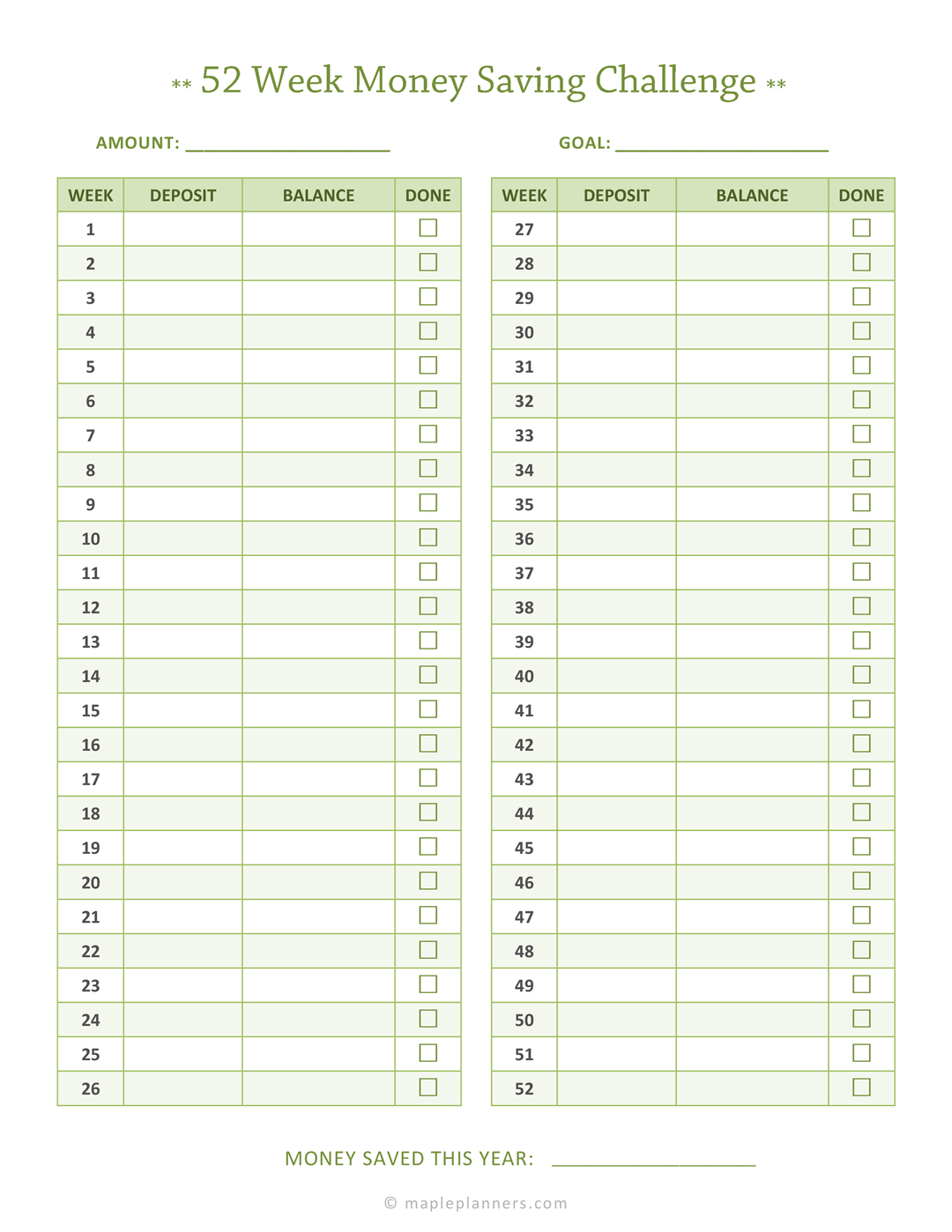 52 Week Money Saving Challenge - Empty Template