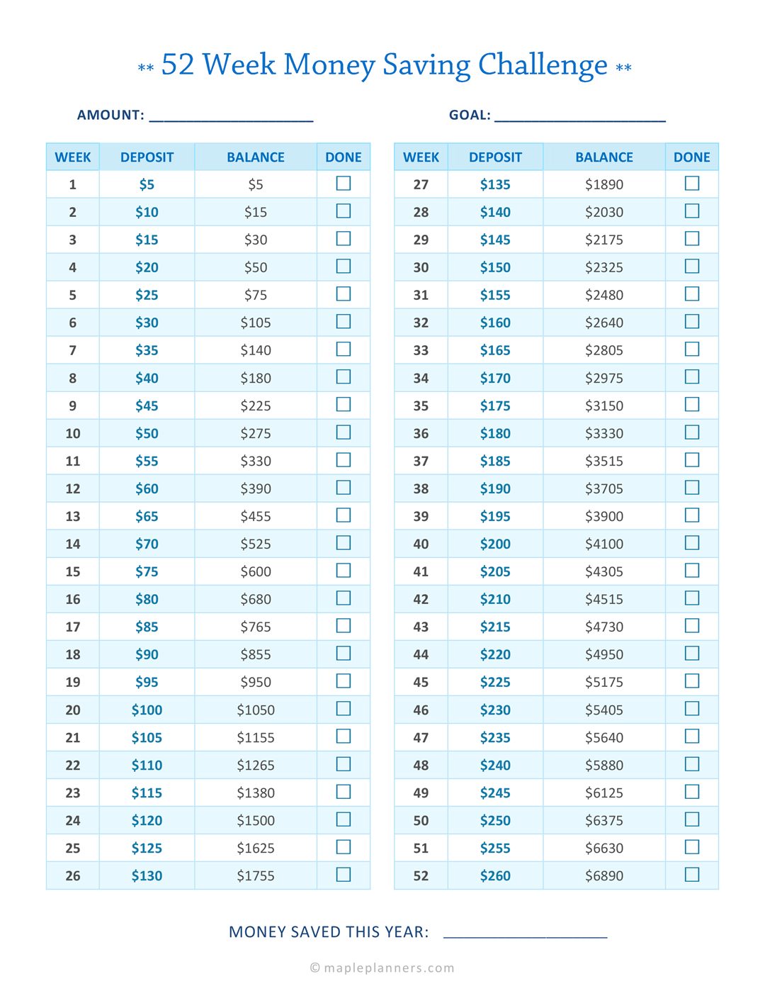 52 Week Money Saving Challenge - $5 increments