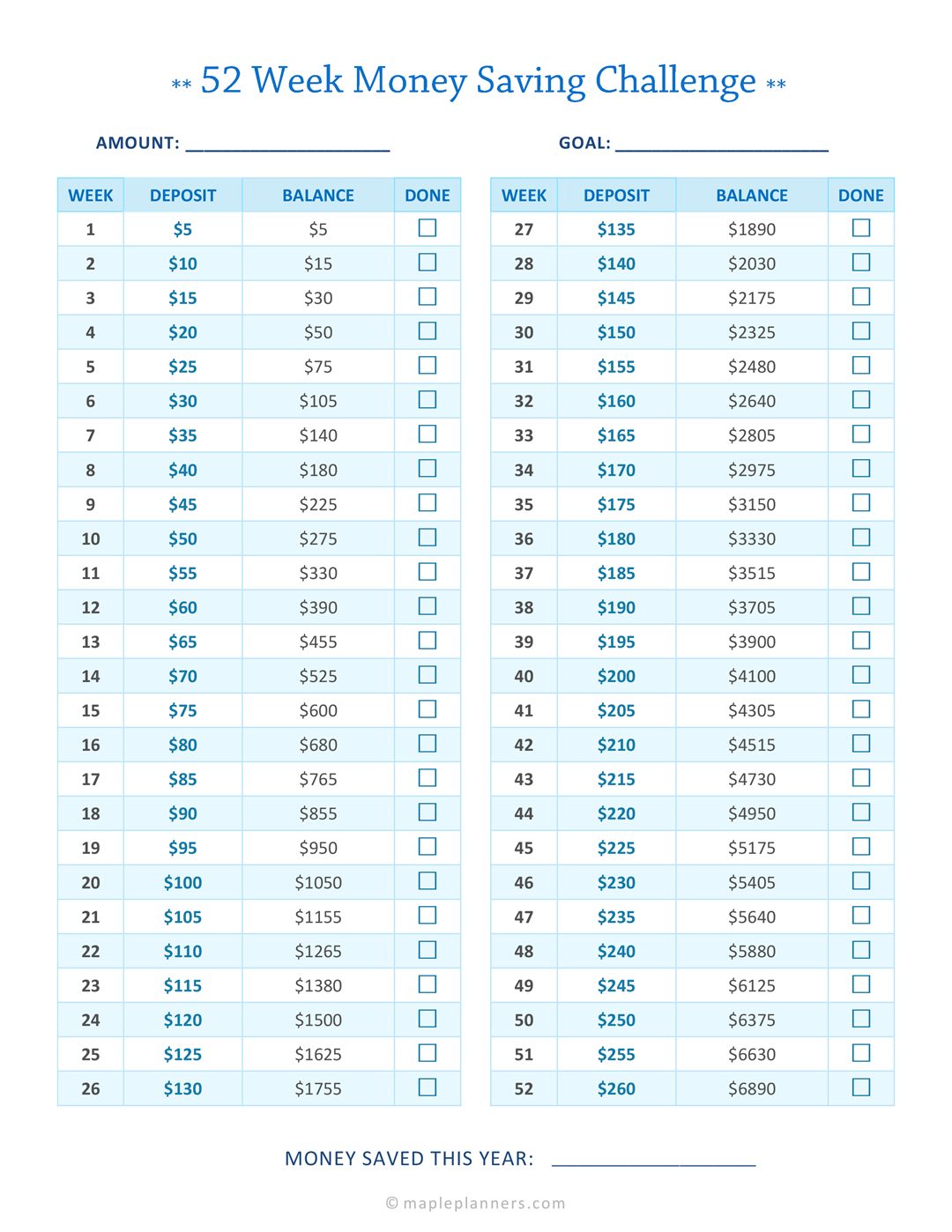 52 Week Money Saving Challenge Template