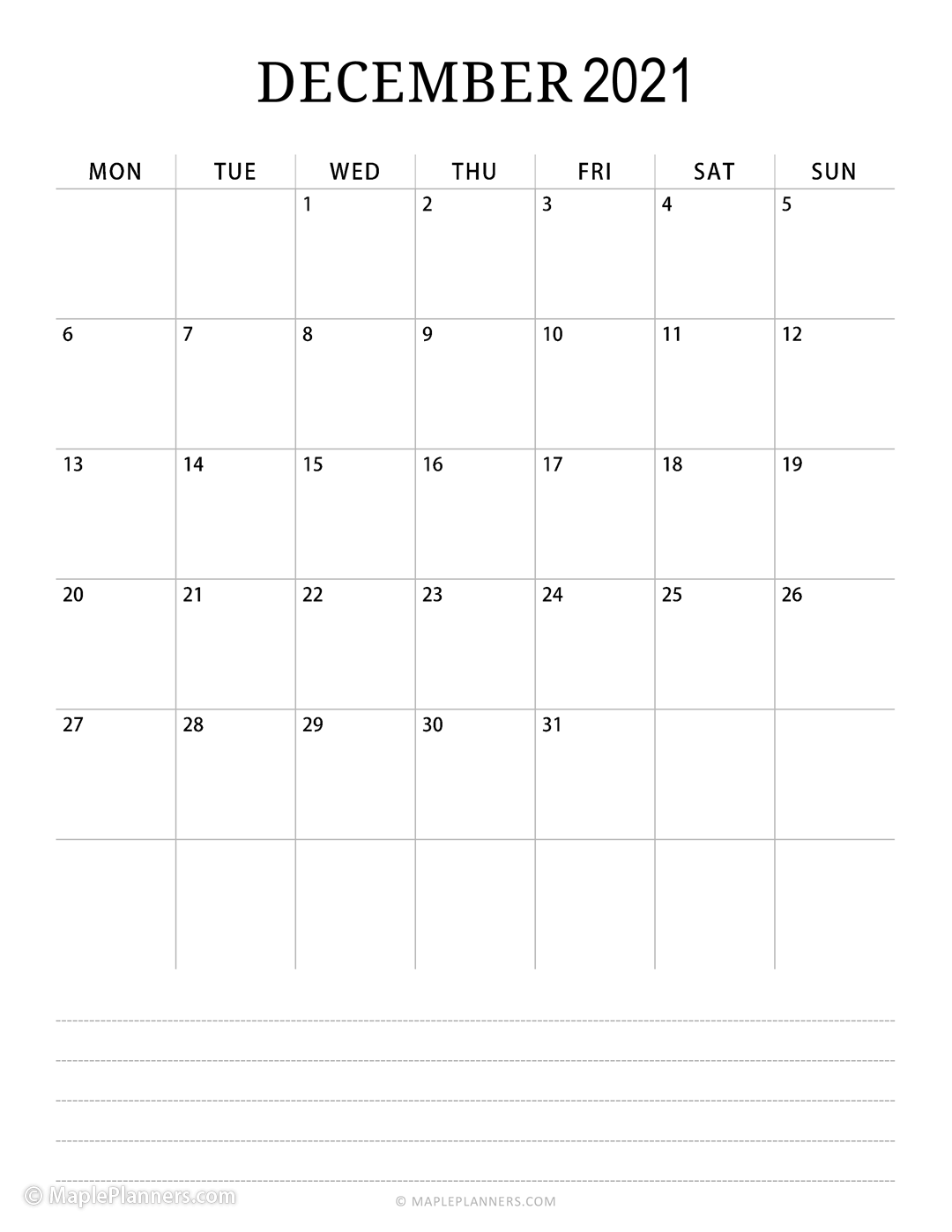 December 2021 Monthly Calendar Vertical Layout